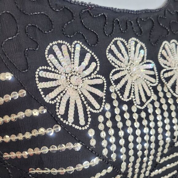 VINTAGE 80s top silk black beaded sequin floral short sleeve elegant XL - Picture 3 of 7